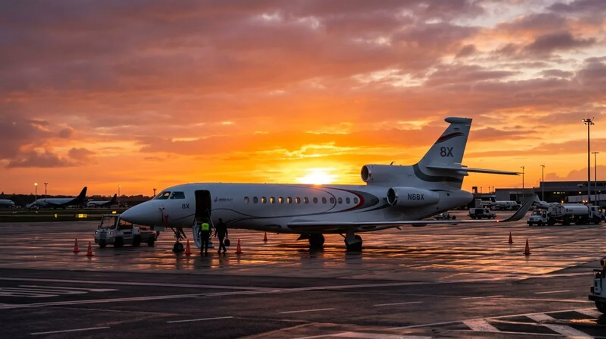 Dassault Falcon 8X bei Sonnenuntergang auf dem Vorfeld