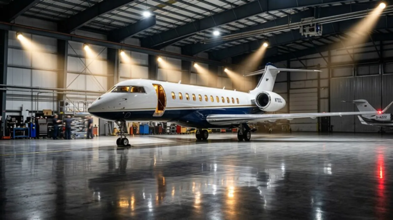 Oprah Winfrey Privatjet im Hangar mit Spotlights